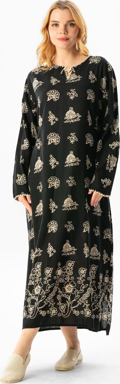 Uzun Kol Pamuk Taş Baskı Çıtır Desen Yazlık Etnik Elbise Siyah Syh