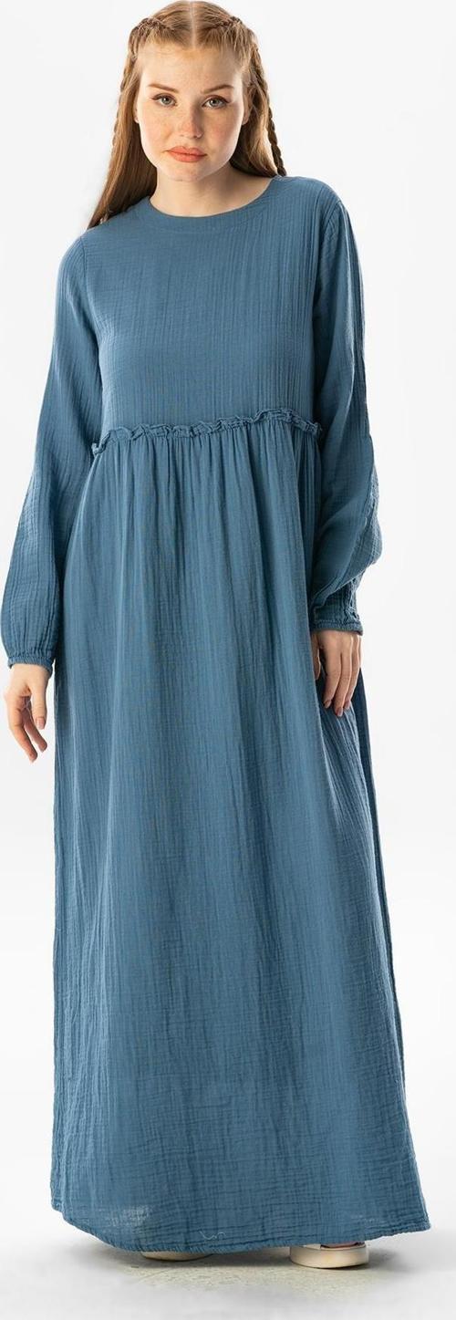 Uzun Kol Oylum Robalı Uzun Yazlık Müslin Elbise İndigo indg