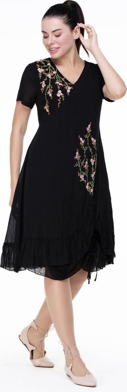 Kısa Kol Vual Candan Midi Boy Bahar Dalı Yazlık Otantik Elbise Siyah Syh