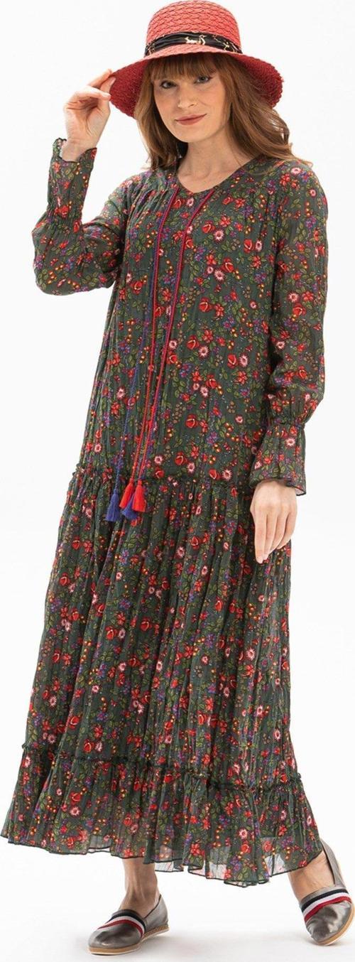 Uzun Kol Vual Gonca Uzun Yazlık Elbise Tomurcuk Desen Yeşil 6170