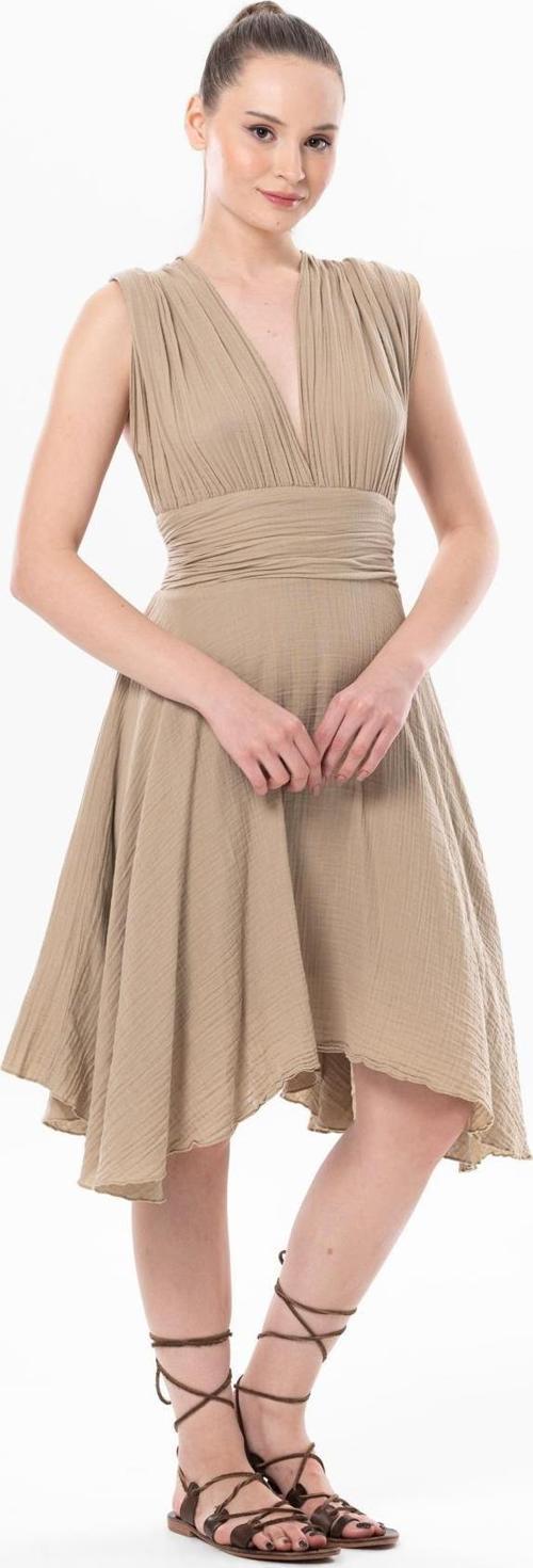 Kolsuz Sırt Detaylı V Yaka Laodikya Mini Yazlık Müslin Elbise Vizon Vzn