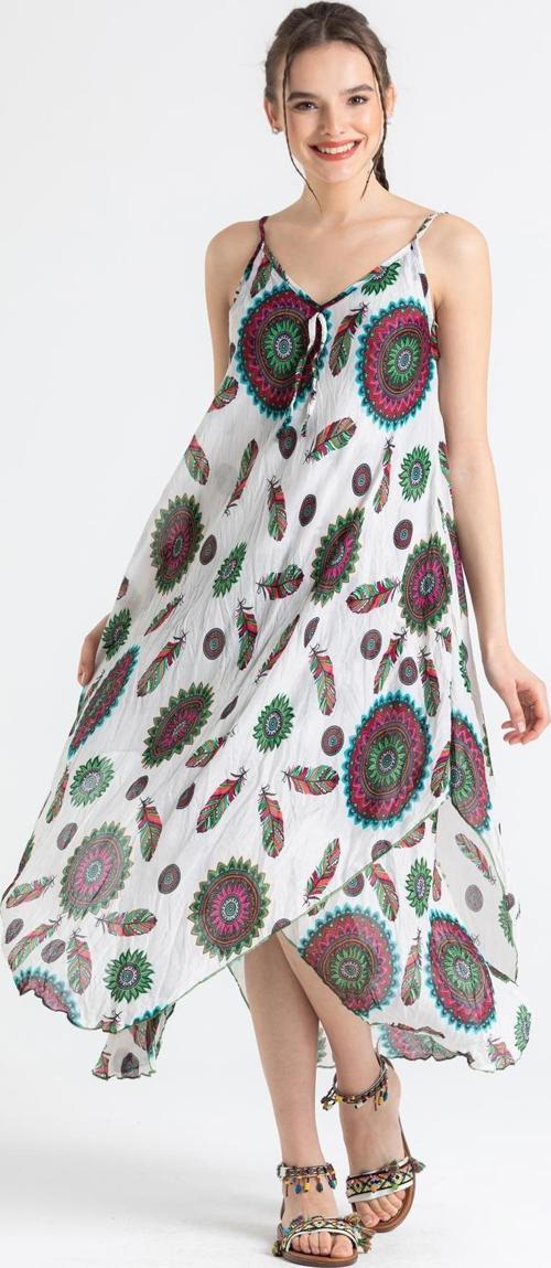 Askılı Vual Afrodit Midi Boy Yazlık Elbise Yeşil-Beyaz 6197