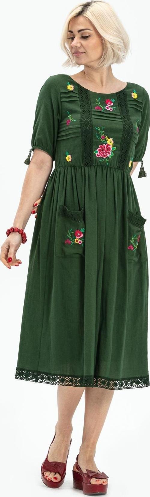 Kısa Kol Şile Bezi Asiye Midi Boy Yazlık Elbise Yeşil Ysl