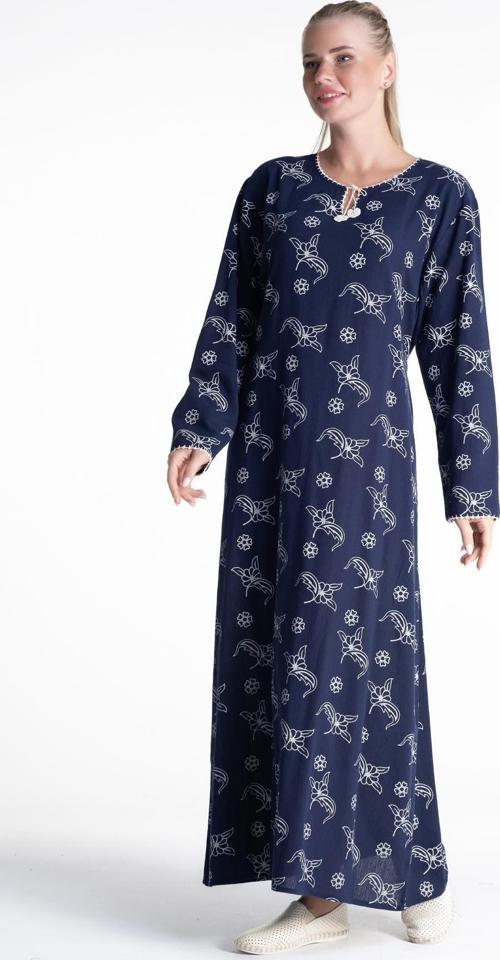 Uzun Kol Şile Bezi Baskılı Uzun Yazlık Elbise Serpme Desen Lacivert Lcvt