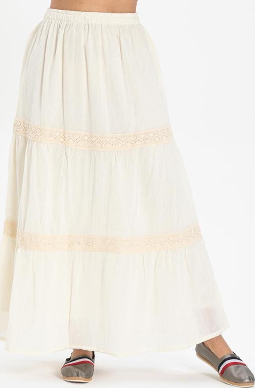 Uzun Şile Bezi Dantelli Yazlık Etek Krem Krm