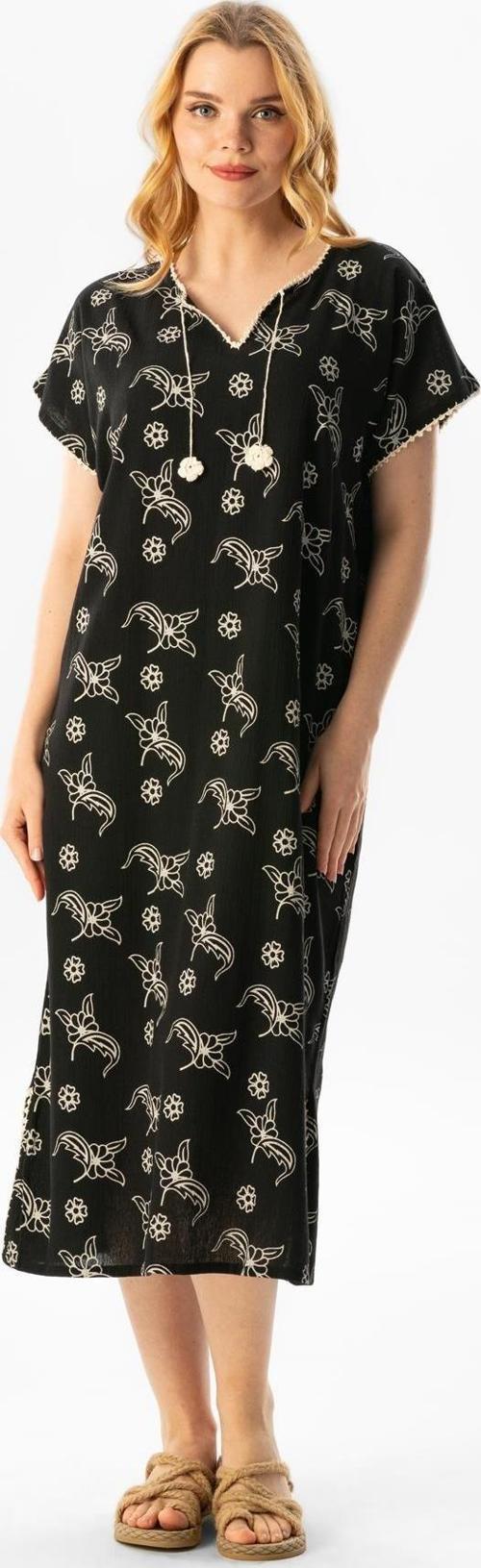 Kısa Kol Şile Bezi Baskılı Midi Boy Yazlık Elbise Serpme Desen Siyah Syh