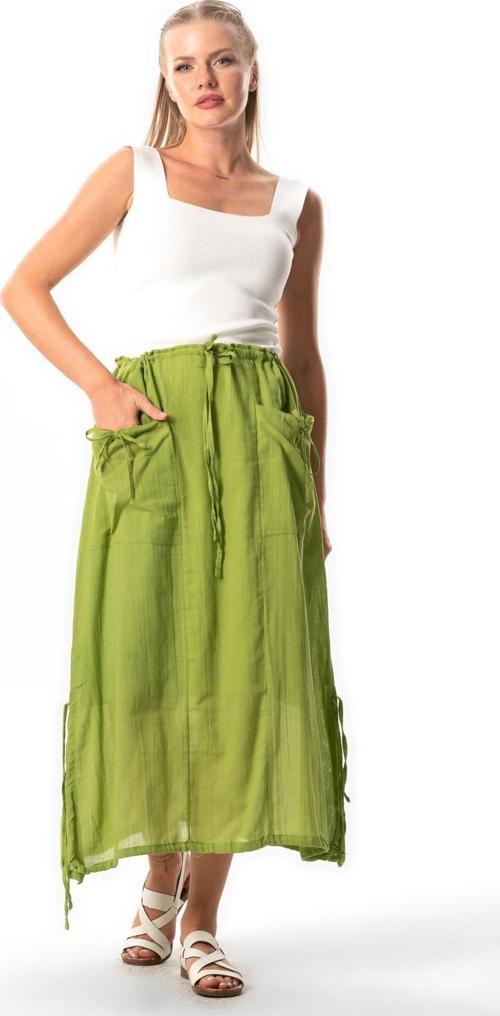 Gökşen Vual Bağlama ve Lastik Detay Midi Boy Yazlık Otantik Etek Fıstık Yeşili fysl