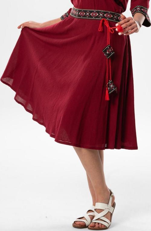 Talya Şile Bezi Püskül Detay Nakışlı Midi Boy Yazlık Etek Bordo Brd