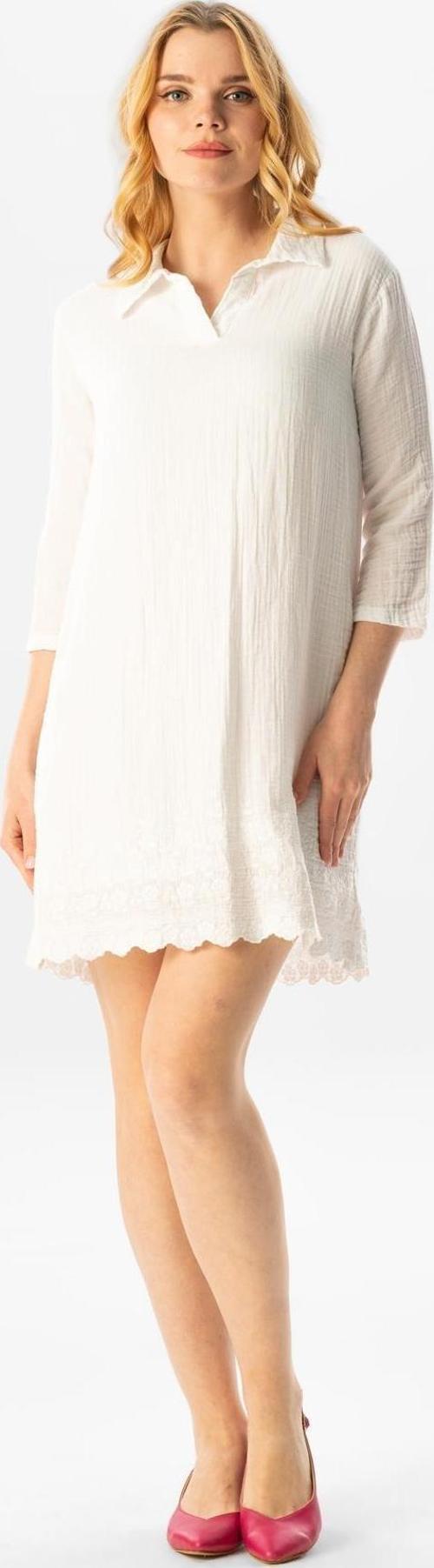 Truvakar Kol Gömlek Yaka Brode Nakış Detaylı Kısa Yazlık Müslin Elbise Beyaz Byz