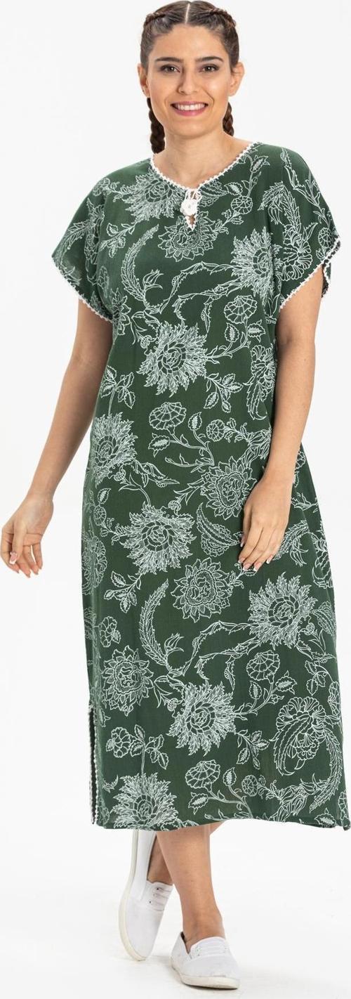Kısa Kol Şile Bezi Baskılı Uzun Yazlık Elbise Çınar Desen Yeşil Ysl