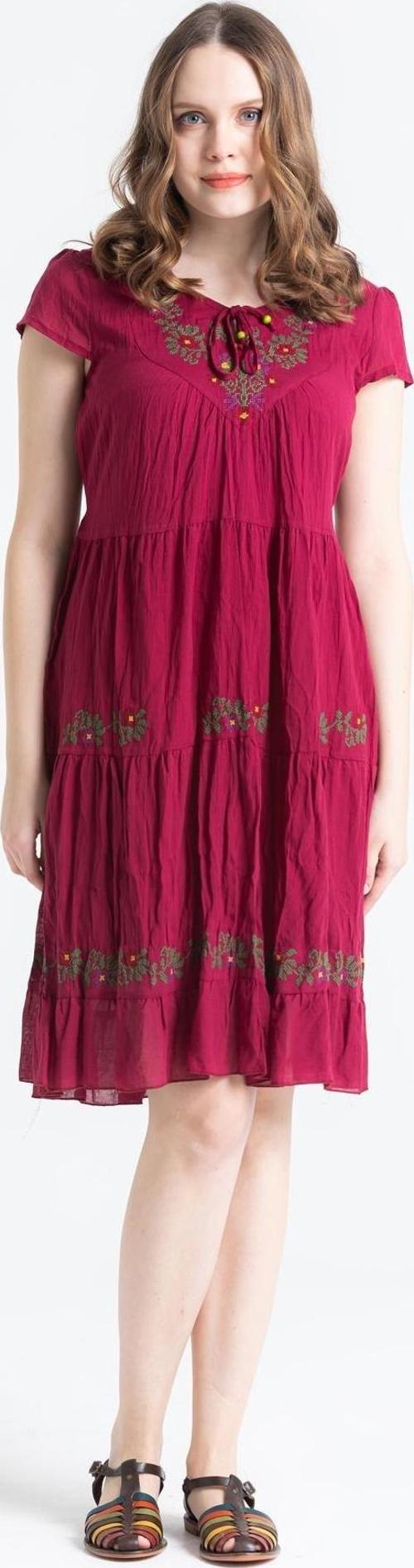 Kısa Kol Vual Vildan Nakışlı Midi Boy Yazlık Elbise Bordo Brd