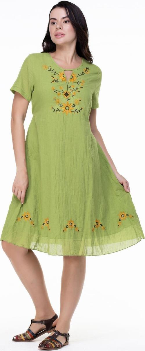 Kısa Kol Vual Neslihan Midi Boy Çiçek Desen Yazlık Elbise Fıstık Yeşili fysl