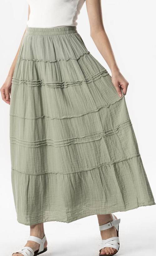 Benan Beli Lastikli Uzun Yazlık Müslin Etek Zeytin Yeşili Zytnysl