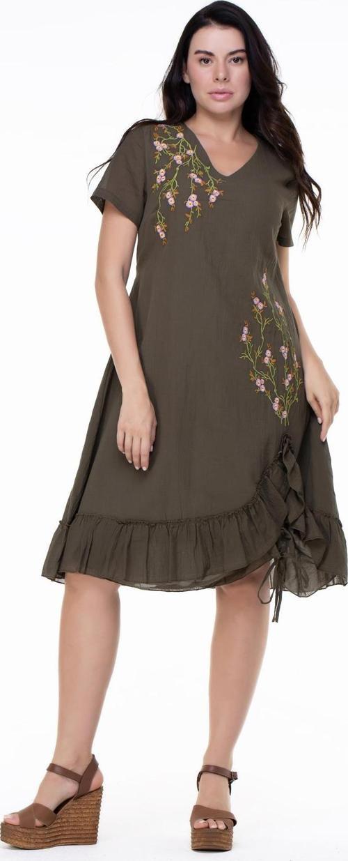 Kısa Kol Vual Candan Midi Boy Bahar Dalı Yazlık Otantik Elbise Haki Hk