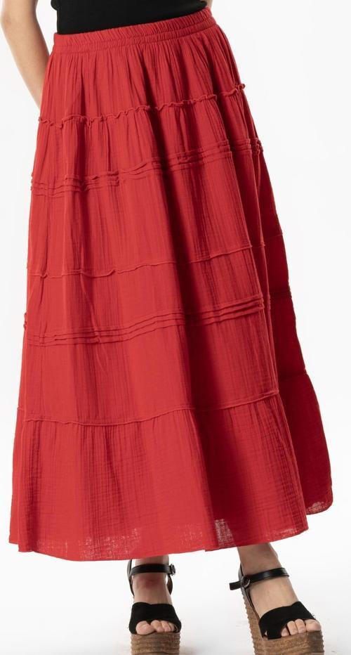 Benan Beli Lastikli Uzun Yazlık Müslin Etek Kırmızı Krmz