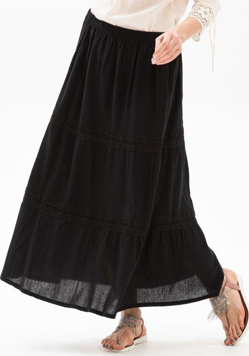 Uzun Şile Bezi Dantelli Yazlık Etek Siyah Syh