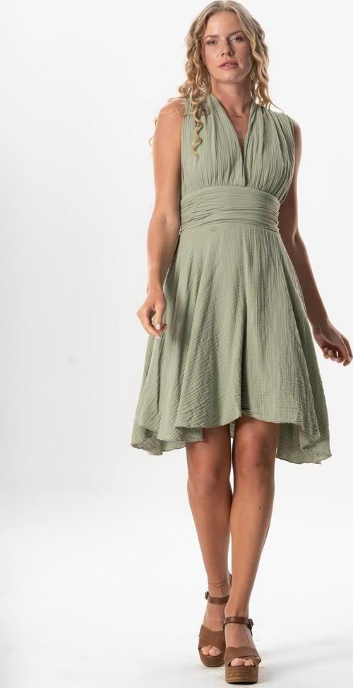 Kolsuz Sırt Detaylı V Yaka Laodikya Mini Yazlık Müslin Elbise Zeytin Yeşili Zytnysl