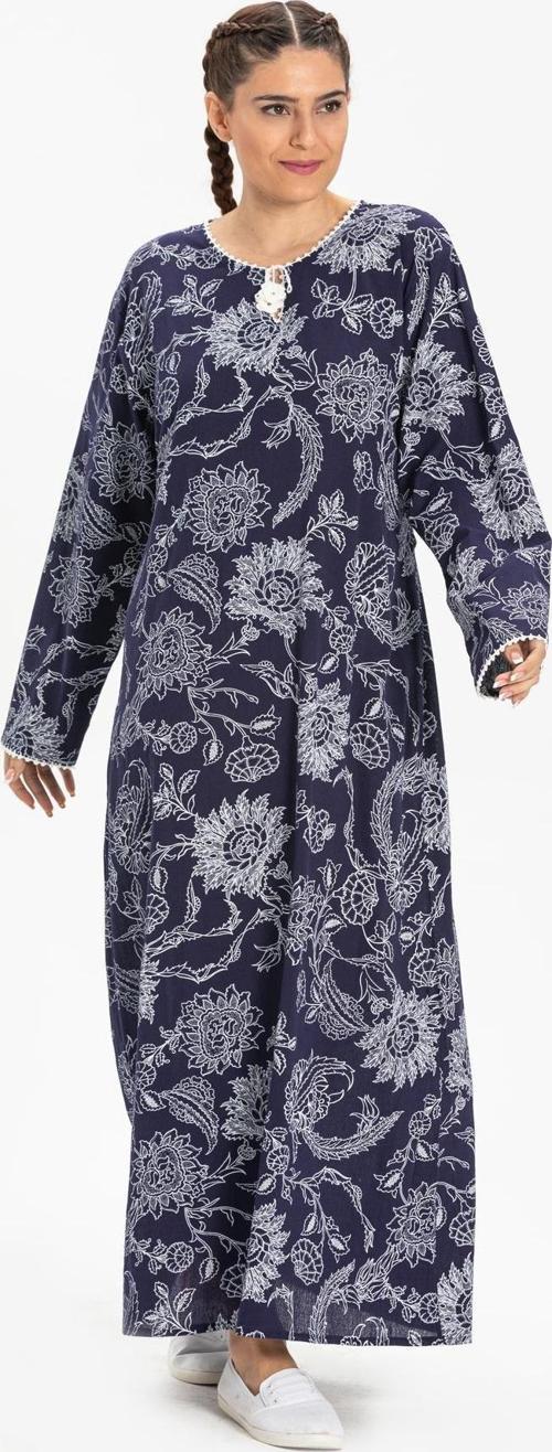 Uzun Kol Şile Bezi Baskılı Uzun Yazlık Elbise Çınar Desen Lacivert Lcvt