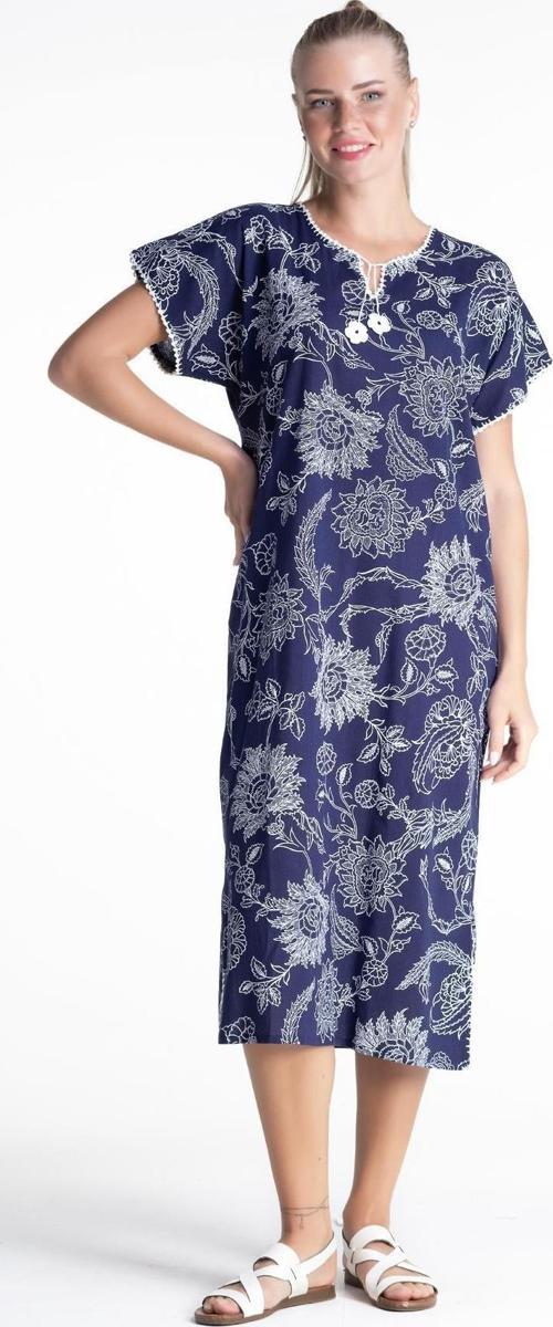 Kısa Kol Şile Bezi Baskılı Uzun Yazlık Elbise Çınar Desen Mor Mor