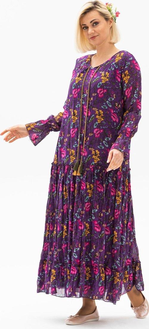 Uzun Kol Vual Gonca Uzun Yazlık Elbise Gelincik Desen Mor Kırçıllı 6157