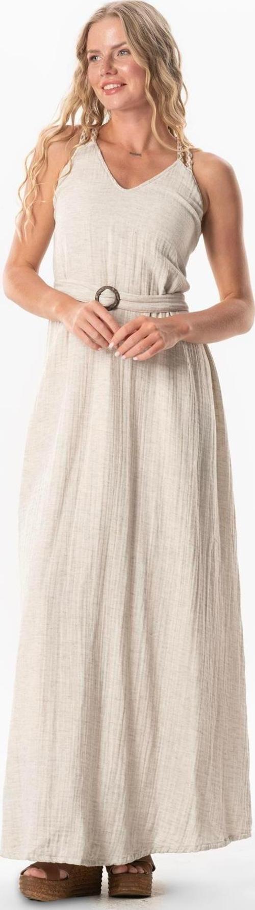 Askılı V Yaka Kumsal Kemerli Keten Yazlık Uzun Elbise Krem Krm