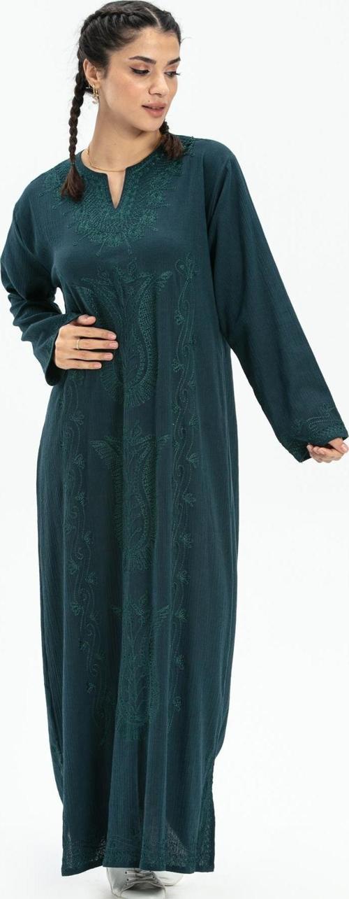 Uzun Kol Şile Bezi Simli Kaftan Midi Boy Yazlık Elbise Petrol Ptrl