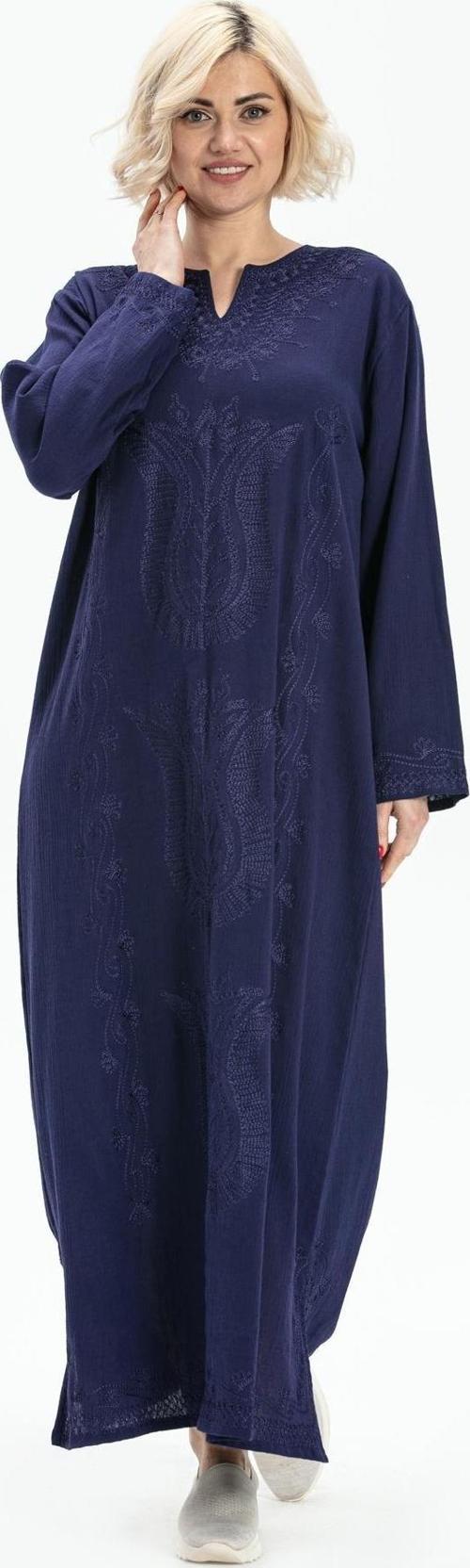 Uzun Kol Şile Bezi Simli Kaftan Midi Boy Yazlık Elbise Mor Mor
