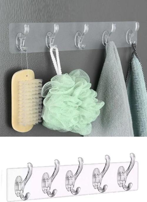 5'Li Kendinden Yapışkanlı Güçlü Şeffaf Askılık - Kapı Arkası Mutfak Duvar Banyo Askı