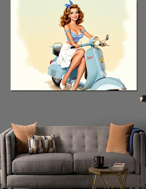 Vespa Sürüşü Yapan Kadın Dekoratif Kanvas - Mdf Ahşap Tablo