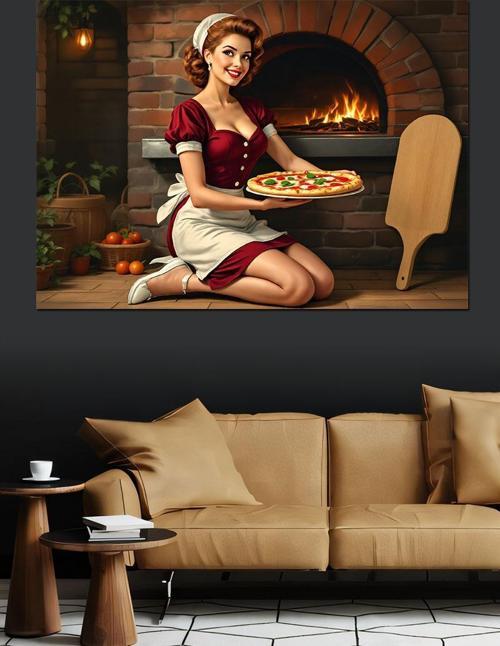 Şömine Başında Pizza Şefi Dekoratif Kanvas - Mdf Ahşap Tablo