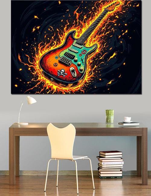 Alevler İçinde Elektro Gitar Dekoratif Kanvas - Mdf Ahşap Tablo
