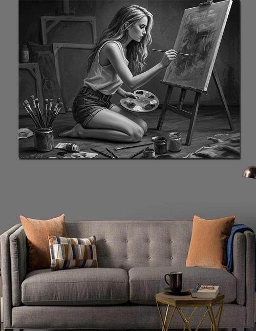 Siyah Beyaz Ressam Kadın Dekoratif Kanvas - Mdf Ahşap Tablo