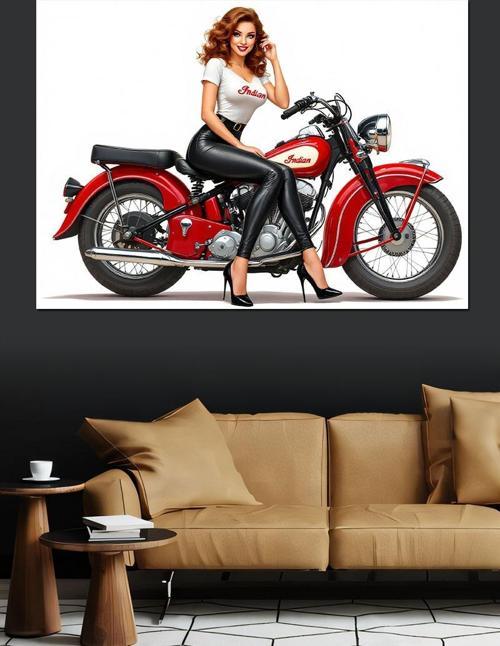 Retro Motosikletli Kadın Dekoratif Kanvas - Mdf Ahşap Tablo
