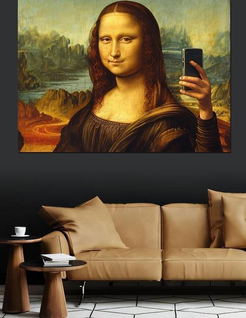 Selfie Çeken Mona Lisa Dekoratif Kanvas - Mdf Ahşap Tablo