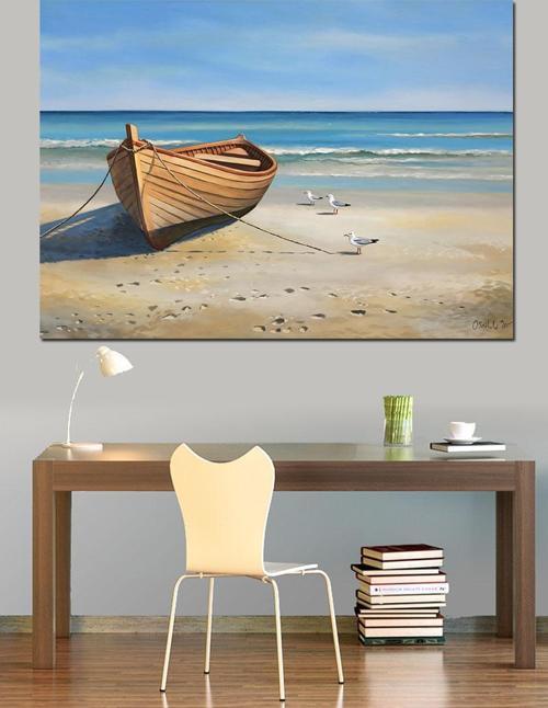 Sahilde Ahşap Kayık Dekoratif Kanvas - Mdf Ahşap Tablo