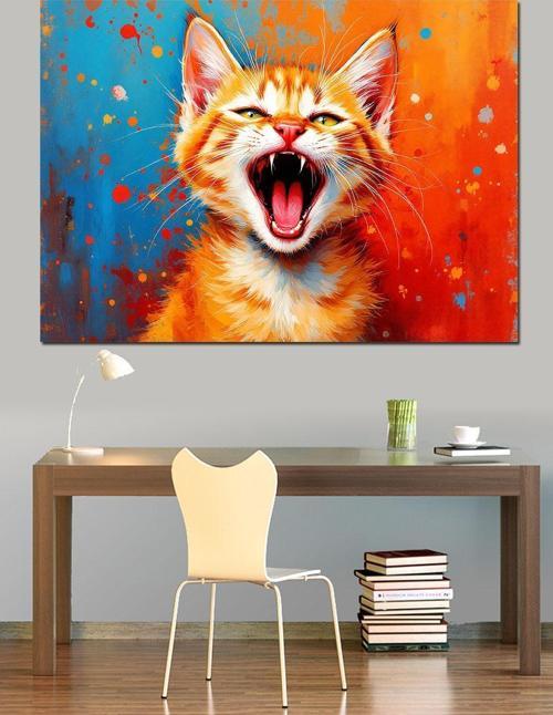 Neşeyle Bağıran Kedi Dekoratif Kanvas - Mdf Ahşap Tablo