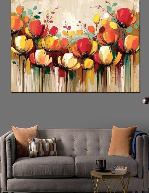 Soyut Renkli Lale Çiçekleri Dekoratif Kanvas - Mdf Ahşap Tablo