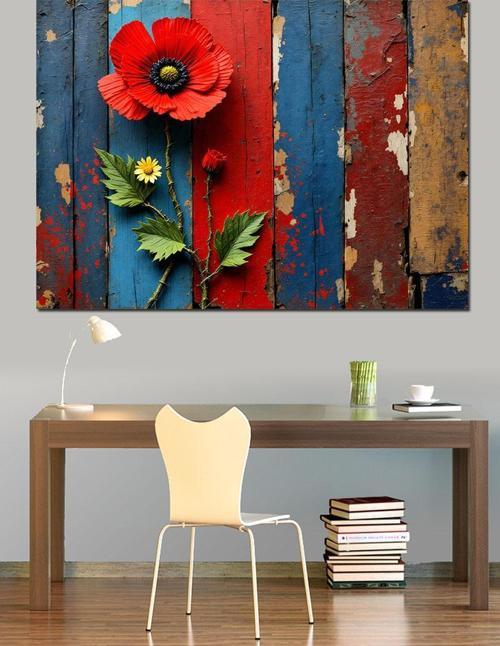 Ahşap Üstü Gelincikler Dekoratif Kanvas - Mdf Ahşap Tablo