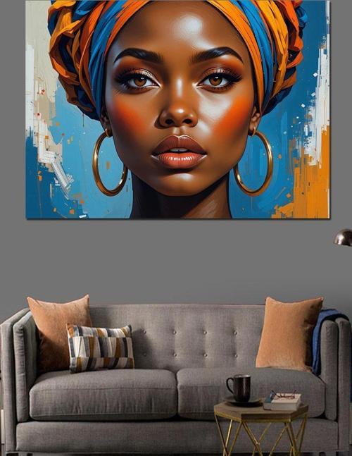 Mavi Şapkalı Etnik Kadın Dekoratif Kanvas - Mdf Ahşap Tablo