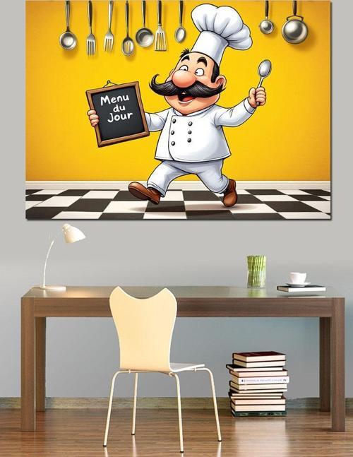 Komik Aşçı Karikatürü Dekoratif Kanvas - Mdf Ahşap Tablo