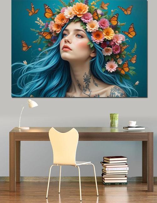 Mavi Saçlı Çiçek Kadın Dekoratif Kanvas - Mdf Ahşap Tablo