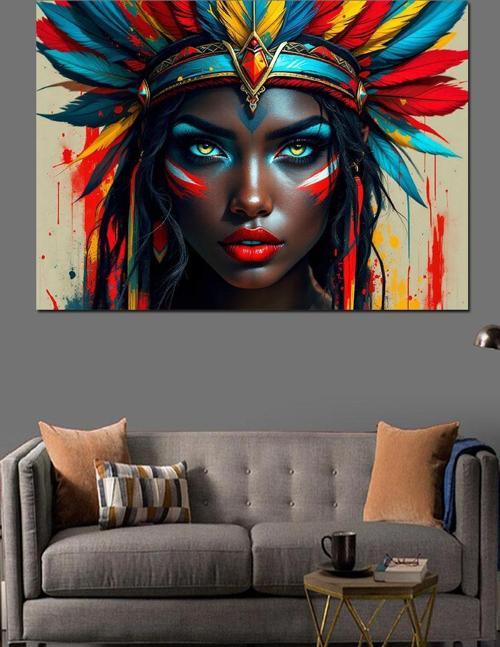 Kızılderili Kadın Savaşçı Dekoratif Kanvas - Mdf Ahşap Tablo