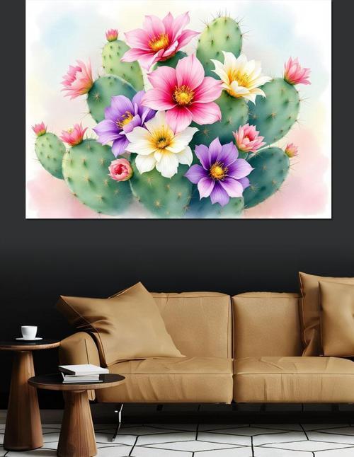 Kaktüs Üzerinde Çiçekler Dekoratif Kanvas - Mdf Ahşap Tablo
