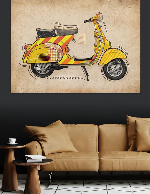 Sarı Retro Vespa Dekoratif Kanvas - Mdf Ahşap Tablo