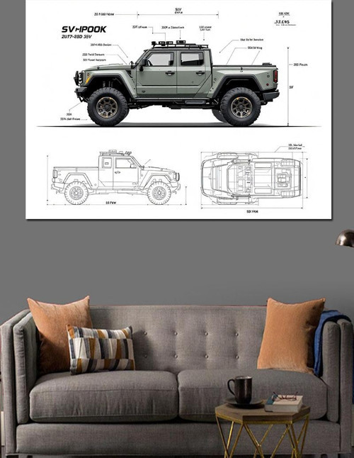 Teknik Jeep Çizimi Dekoratif Kanvas - Mdf Ahşap Tablo
