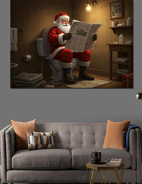 Tuvalette Gazete Okuyan Noel Baba Dekoratif Kanvas - Mdf Ahşap Tablo