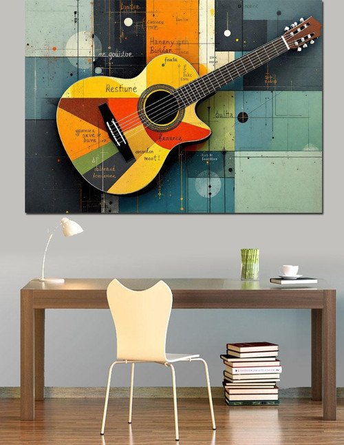 Ahşap Desenli Sarı Gitar Dekoratif Kanvas - Mdf Ahşap Tablo