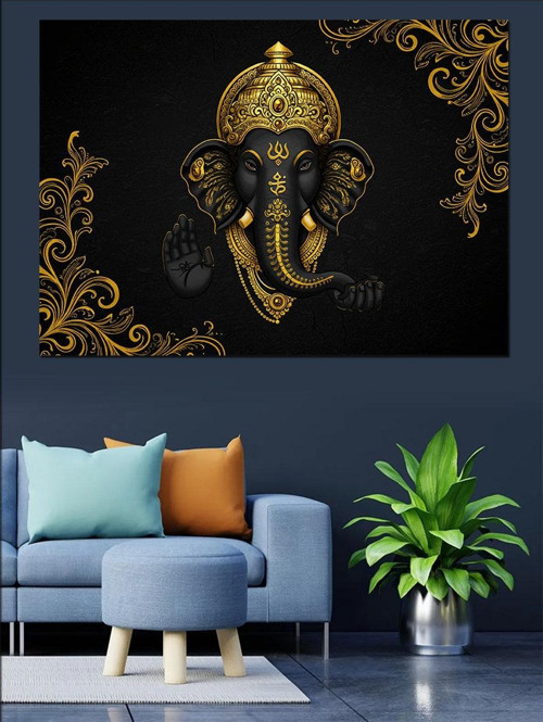 Altın Süslü Ganesha Figürü Dekoratif Kanvas - Mdf Ahşap Tablo