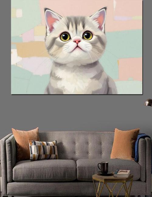 Sevimli Gri Kedi Dekoratif Kanvas - Mdf Ahşap Tablo