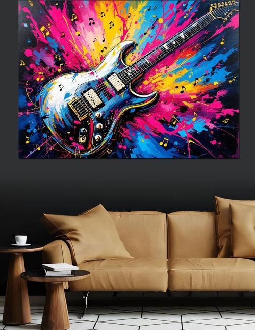 Renk Patlamalı Elektro Gitar Dekoratif Kanvas - Mdf Ahşap Tablo